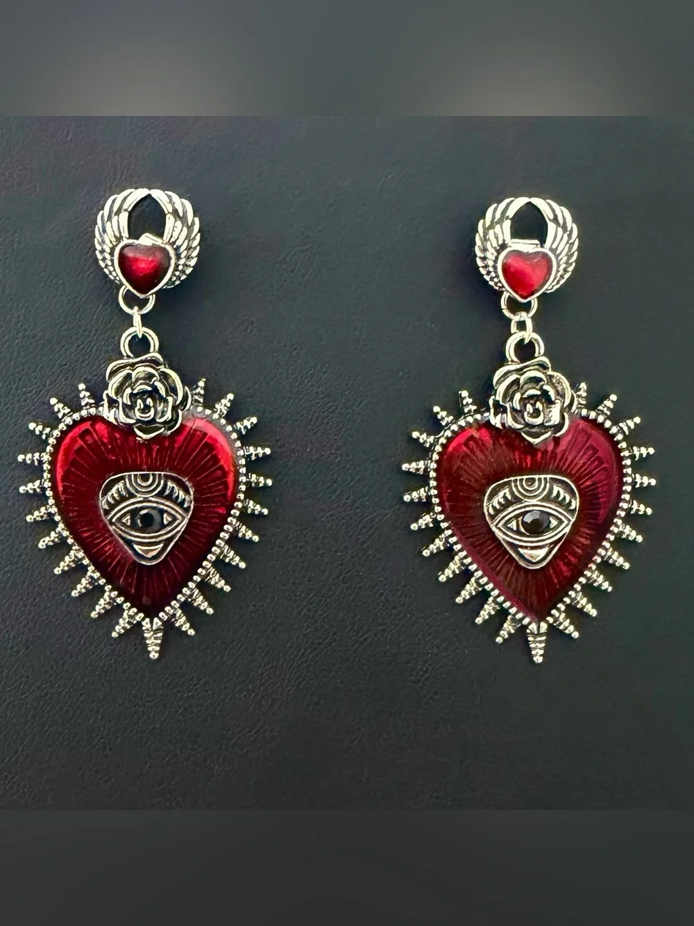 Gothic Crimson Sacred Heart & Protection Eye Dangle Earrings